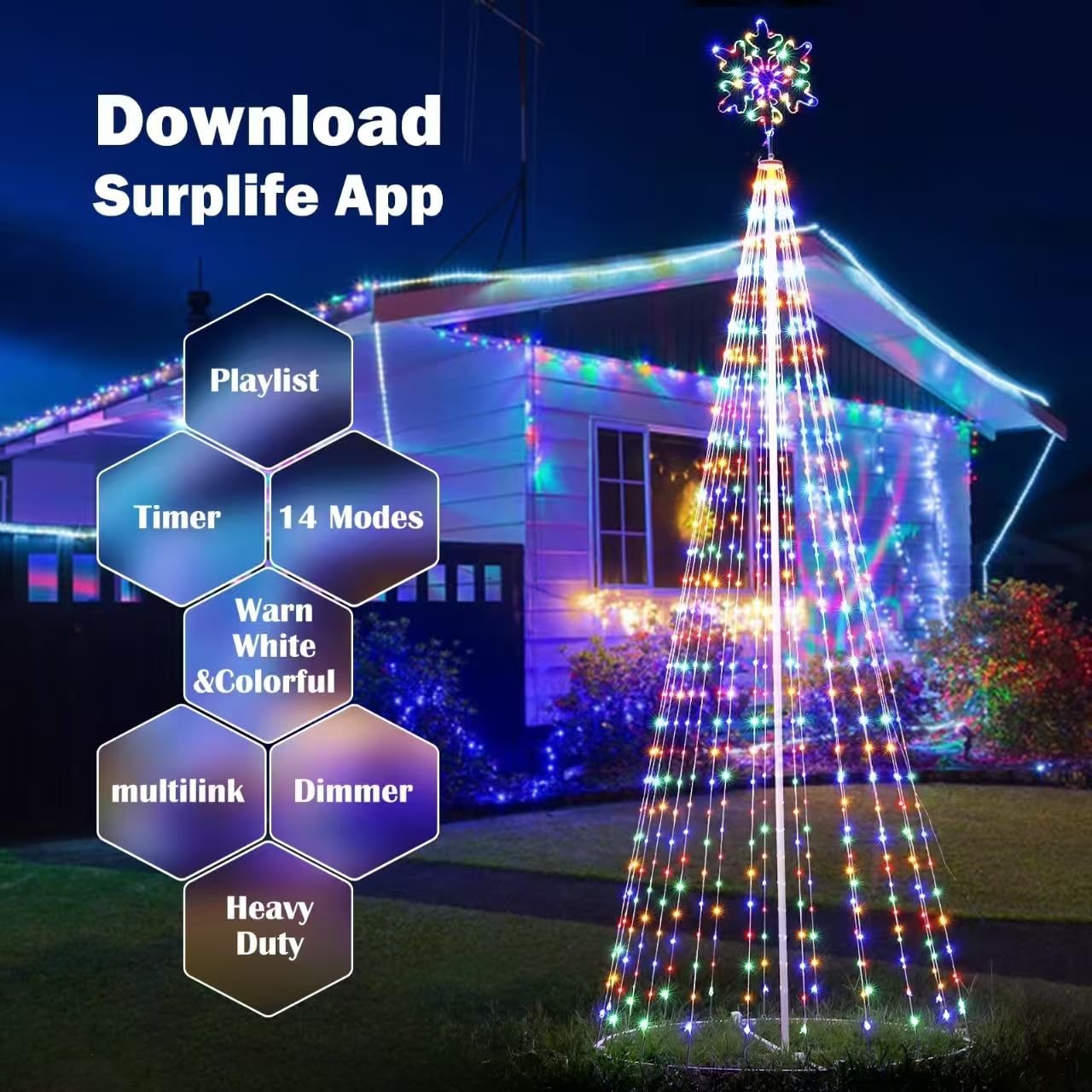 Mengstart Outdoor Lighting Christmas Tree Lights, 12FT Smart LED Outside Flag Pole Christmas Tree Light Show with 648 Lights for Yard APP & Remote Musical Control Xmas Tree, Arbol de Navidac