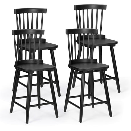 Unovivy 24" Windsor Wooden Bar Stools Set of 4, Farmhouse Counter Height Barstool with Spindle Back, Widen Seat, Modern Mid-Century Country Style, for Kitchen Island Dining Room, Black Unovivy