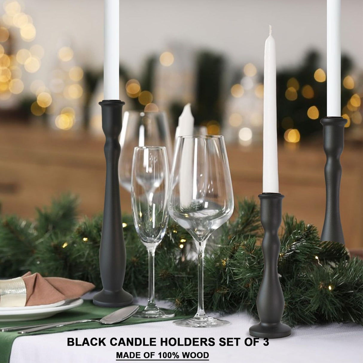 DINLiAN S Candlestick Holders Black Candle Holder for Candlestick,Taper Modern Candle Holders Set of 3,Tall Wood Candle Sticks Holder Decor(12"/10"/8" H) (3, Black) DINLiAN S