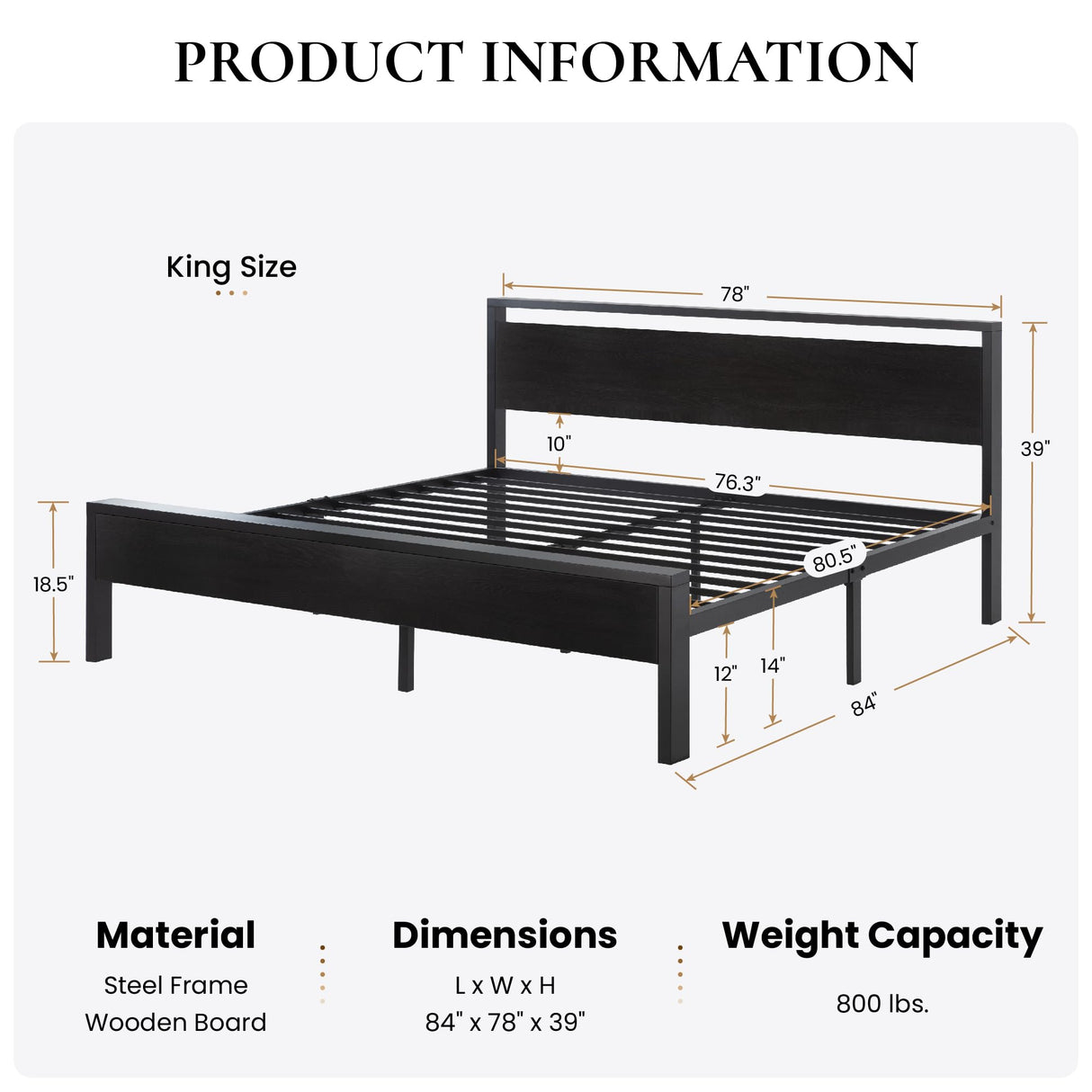 SHA CERLIN 14 Inch King Size Metal Platform Bed Frame with Wooden Headboard and Footboard, Mattress Foundation, No Box Spring Needed, Large Under Bed Storage, Black Oak SHA CERLIN
