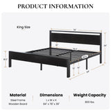 SHA CERLIN 14 Inch King Size Metal Platform Bed Frame with Wooden Headboard and Footboard, Mattress Foundation, No Box Spring Needed, Large Under Bed Storage, Black Oak SHA CERLIN
