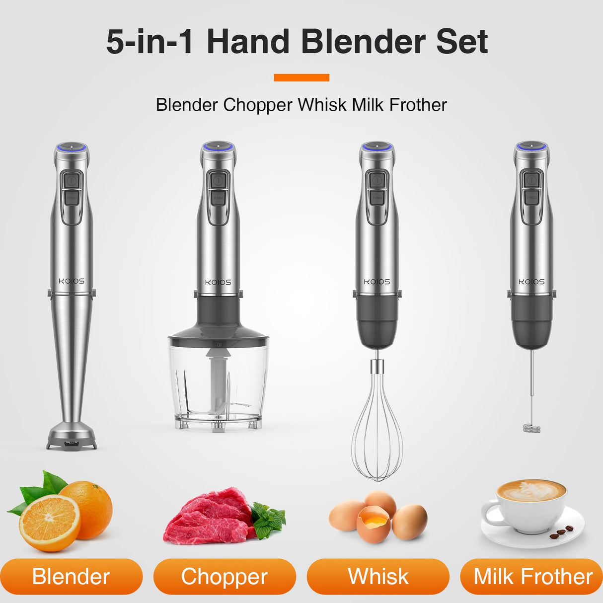 KOIOS 1100W Immersion Hand Blender, Stainless Steel Stick Blender with 12-Speed & Turbo Mode, 5-in-1 Handheld Blender with 600 ml Mixing Beaker with Lid, 500 ml Chopper, Whisk, Milk Frother, BPA-Free KOIOS