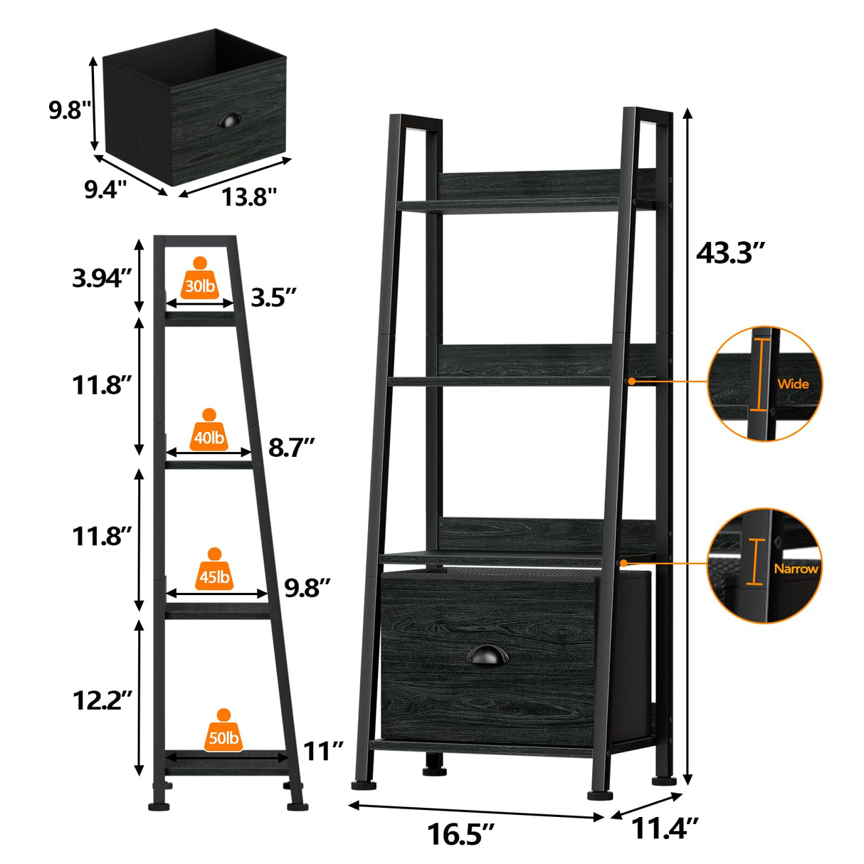 Furologee 4-Tier Ladder Shelf, Ladder Bookshelf with Removable Drawer, Bookcase Storage Rack Organizer, Freestanding Storage Shelves for Living Room, Home Office, Bedroom, Black Oak Furologee