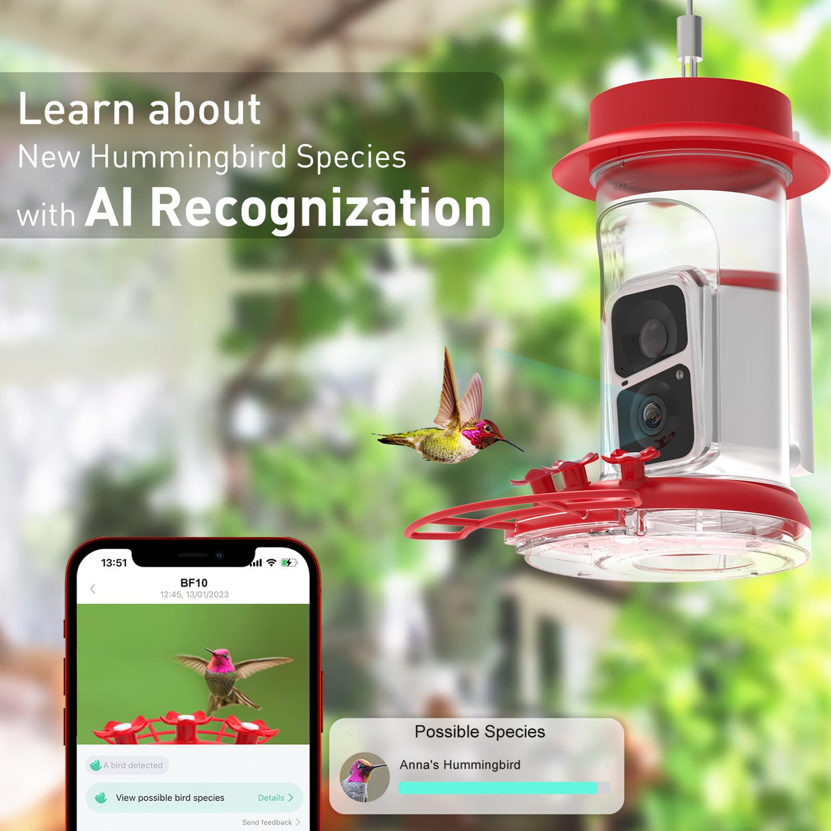 Soliom Humbirdy-Hummingbird Feeder Camera with Ant Moat,Bee Proof,AI Identify Bird Species,Bird Watching Camera with 3 Feeding Ports,Live SOLIOM