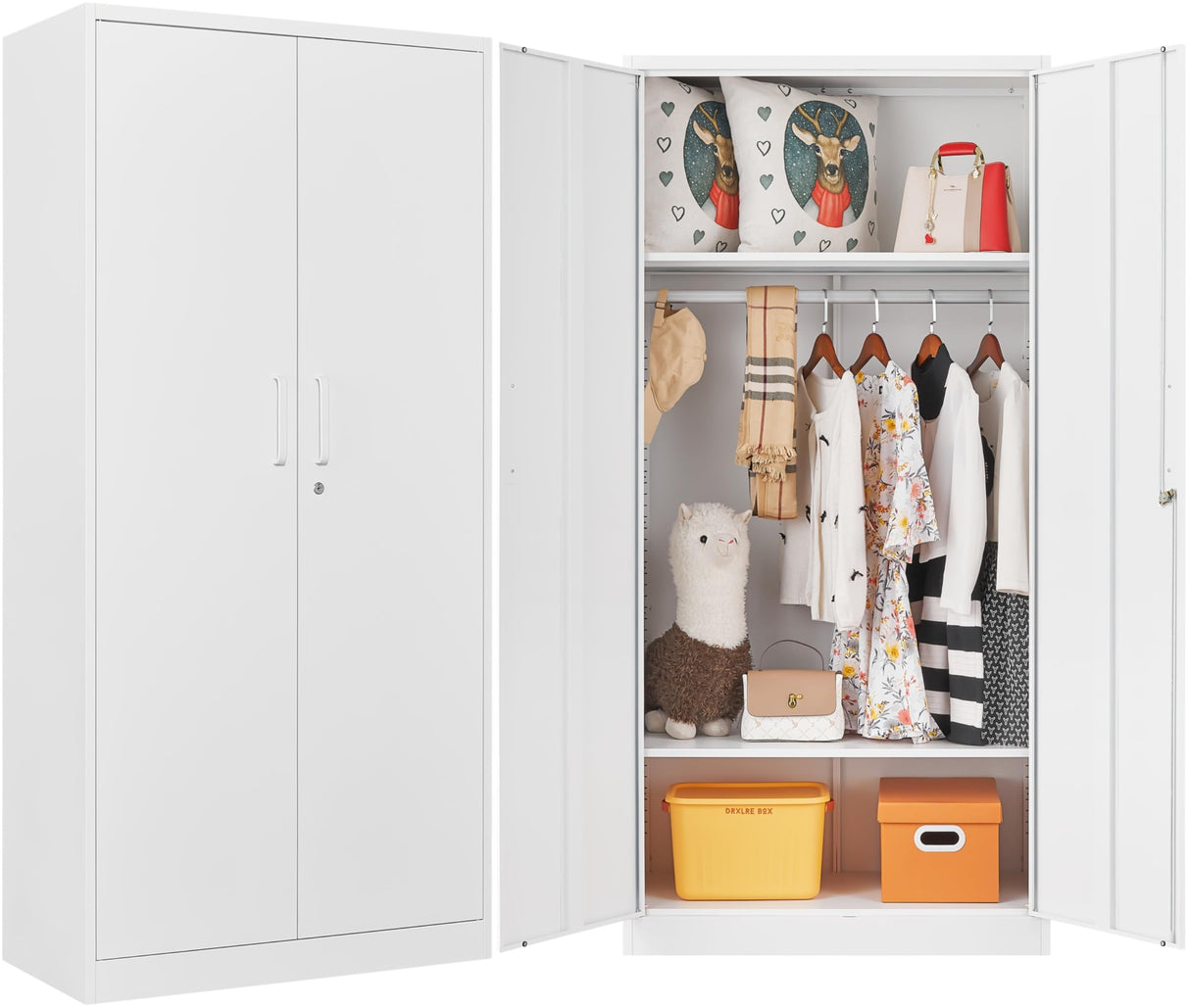 Metal Wardrobe Cabinet with Hanging Rod & Lock,White Armoire Wardrobe Closet,Metal Clothing Storage Cabinet with Adjustable Shelves and Doors,72" Armoire Storage Cabinets for Home,Living/Laundry Room SISESOL