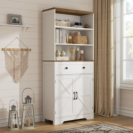71"H Farmhouse Storage Cabinet with Barn Doors and Adjustable Shelves, Tall Kitchen Pantry Cabinet, Floor Standing Bookshelf 5 Tier Bookcase for Living Room, Garage, Basement,Bathroom, White FiveWillowise