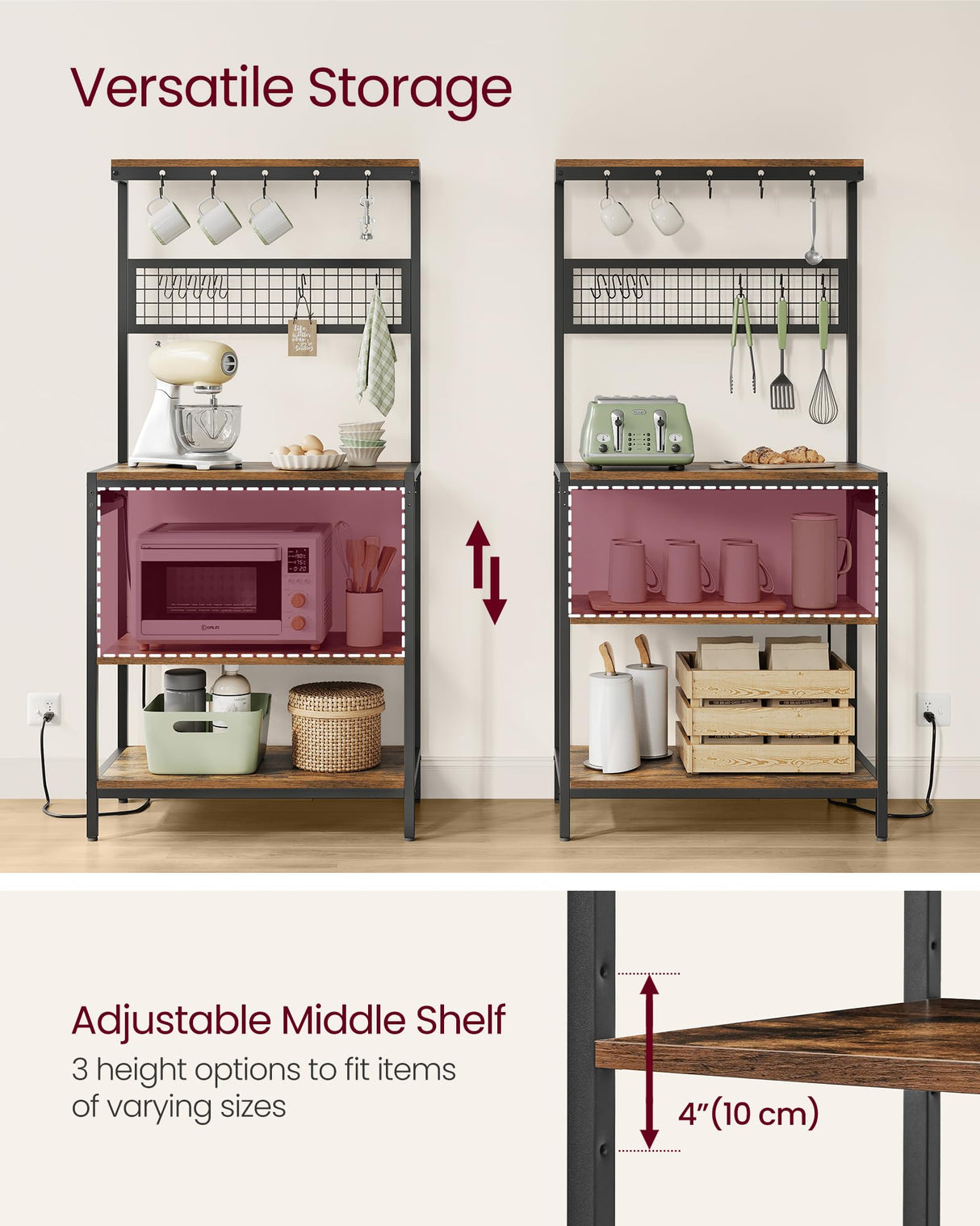 VASAGLE Bakers Rack with Charging Station, 31.5 Inches Coffee Bar Stand with Adjustable Storage Shelf, Grid Panel, 12 Hooks, Table for Microwave, Kitchen, Rustic Brown and Ink Black UKKS016K01 VASAGLE