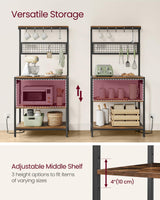 VASAGLE Bakers Rack with Charging Station, 31.5 Inches Coffee Bar Stand with Adjustable Storage Shelf, Grid Panel, 12 Hooks, Table for Microwave, Kitchen, Rustic Brown and Ink Black UKKS016K01 VASAGLE