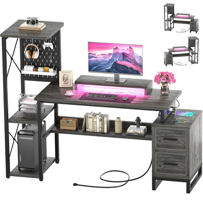 Computer Desk with 2 Fabric Drawers - Reversible Home Office Desk with Power Outlet & LED Lights, 53" Writing Desk with Monitor Stand & Storage Shelves, Gaming Desk Study Table with Pegboard, Grey Oak