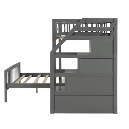 Twin Over Full Solid Wood Bunk Bed with Storage Stairs in Grey - WoodArtSupply