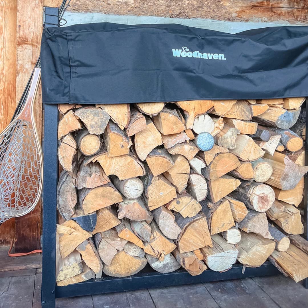 Woodhaven Black 4 Foot - Heavy Duty Made In USA - Indoor Outdoor - 1/4 Cord Firewood Storage Log Rack With Seasoning Cover Combo Set - Metal Log Storage - 48” x 48” Woodhaven