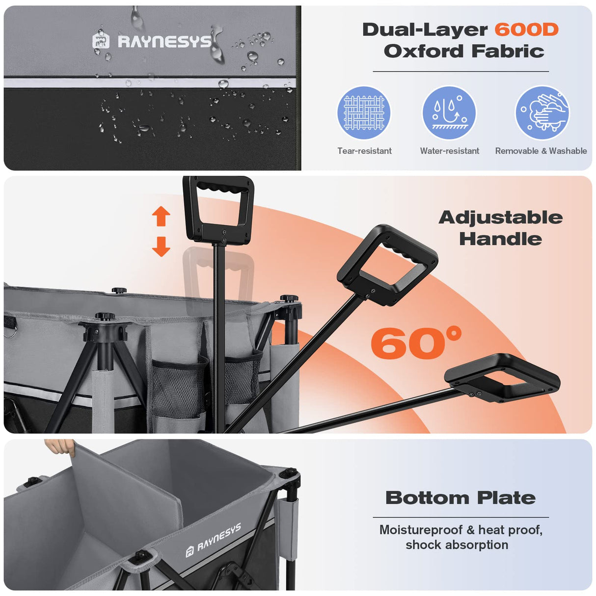 Collapsible Foldable Wagons, 440 lbs Weight Capacity Beach Wagon with Big All-Terrain Wheels, Heavy Duty Foldable Wagon,Utility Wagon Carts for Outdoor, Sports, Shopping, Camping, Black & Gray Raynesys