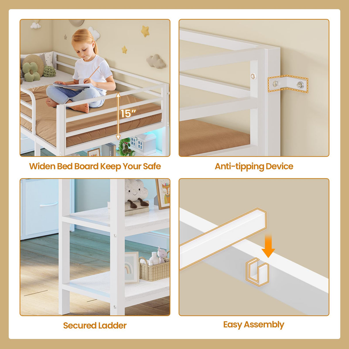 BTHFST Twin Size Low Loft Bed with 6 Fabric Storage Drawers, Metal Loft Bed Twin with LED Lights & Open Storage Shelves, 15" H Safety & Guardrail Stairs Loft Bed for Kids, White BTHFST