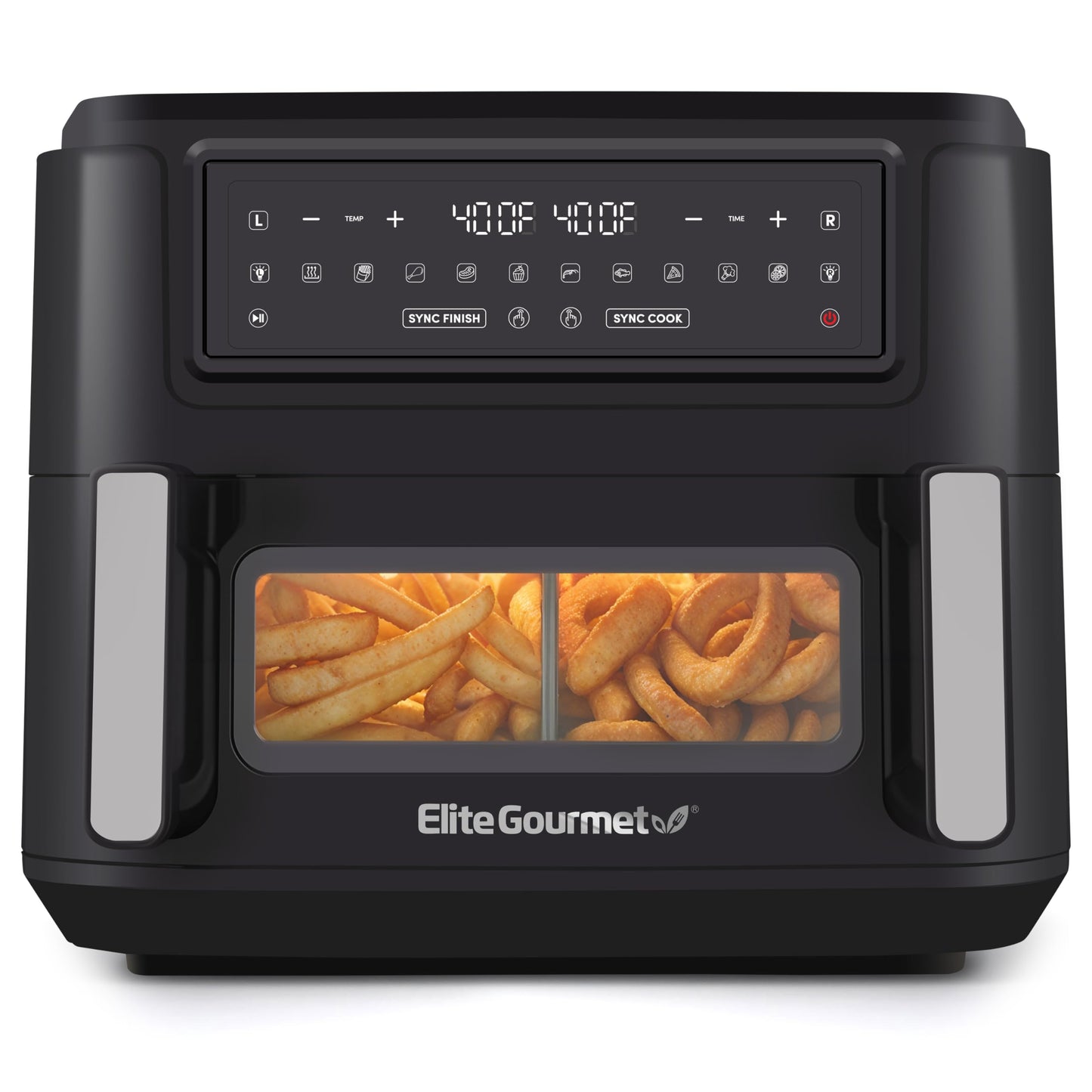 Elite Gourmet EAF1055D Dual Zone Air Fryer Oven, 11QT. Capacity with Divider 2 Independent Cook Zones, Dishwasher Safe Basket, 10 Preset Functions, 1600-Watts, with Recipe Booklet, Black