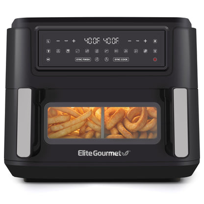 Elite Gourmet EAF1055D Dual Zone Air Fryer Oven, 11QT. Capacity with Divider 2 Independent Cook Zones, Dishwasher Safe Basket, 10 Preset Functions, 1600-Watts, with Recipe Booklet, Black