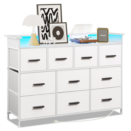 NASHZEN Dresser TV Stand with 10 Drawers, Dresser TV Stand with LED Lights & Power Outlets, Bedroom Make-up Dresser, Chest of Drawers up to 50'' Long TV, Wide Fabric Dresser with Shelf, White - WoodArtSupply