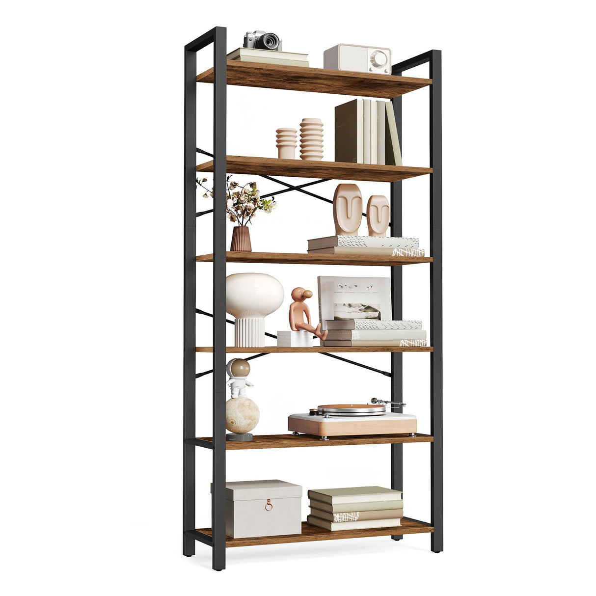 VASAGLE 6-Tier Bookshelf, Bookcase with Steel Frame, Book Shelf for Living Room, Home Office, Study, 11.8 x 26 x 73.2 Inches, Industrial Style, Rustic Brown and Ink Black ULLS062B01 VASAGLE