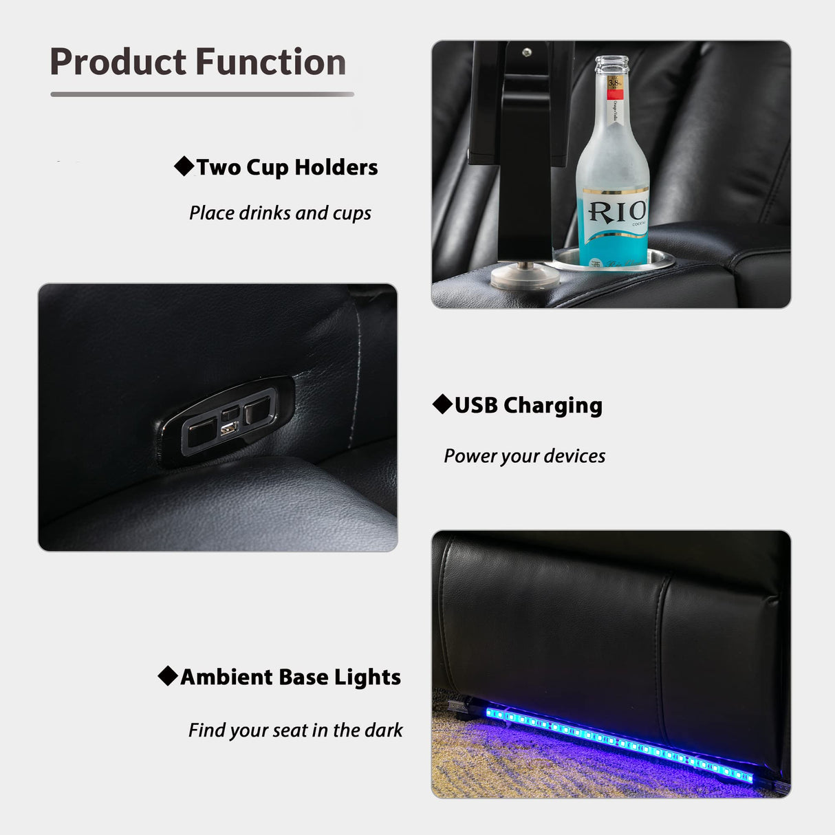 Electric Recliner Chair with USB Charge Port, 360 Swivel Tray Table, Hand in-Arm Storage,2 Cup Holders, Ambient Lighting and Metal Cell Phone Stand- Gaming Recliner Chair Home Theater Seating (Black) Merax