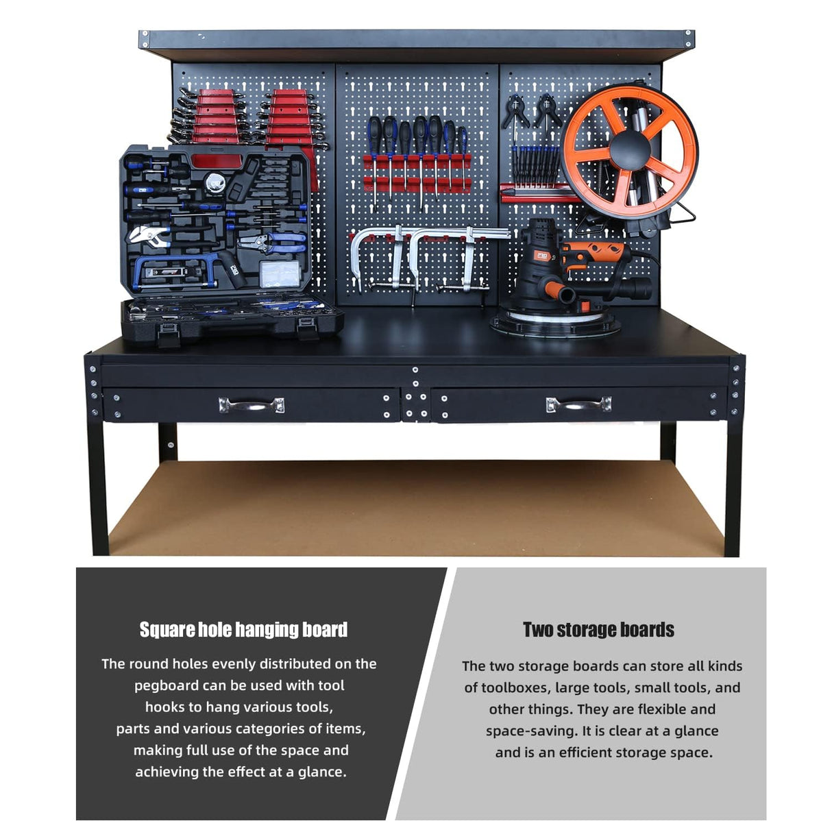 Prostormer 47.25 Inch Heavy Duty Workbench with Pegboard, Hooks, and Drawers - Sturdy Garage Work Table for DIY Projects, Home Workshop, and Tool Organization Prostormer