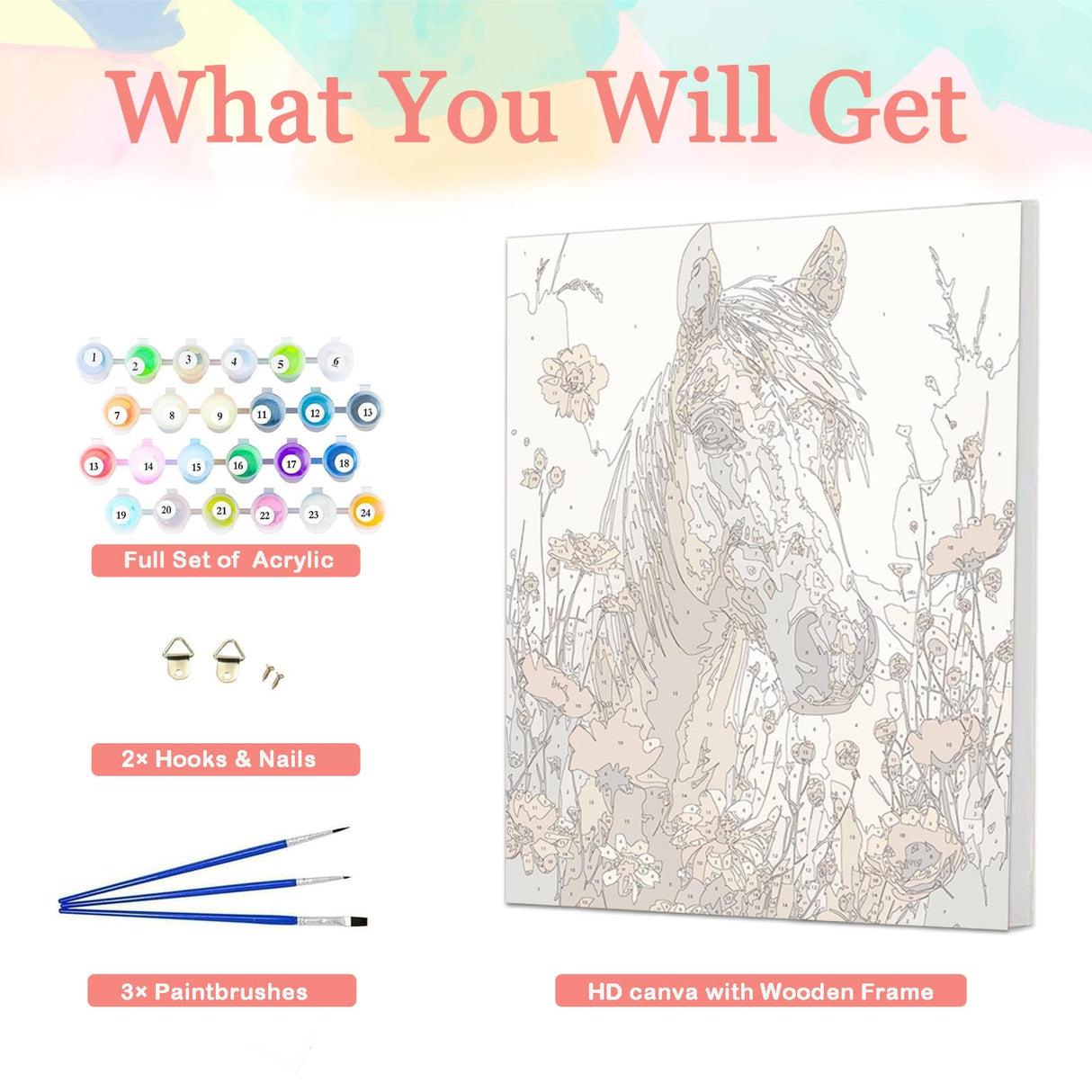 Auremi Horses Framed Paint by Number for Adults,DIY Animal Painting by Number Kits on Canvas Acrylic Oil Painting Kits for Adults Paint by Number Kits for Home Decor 20x30cm Auremi