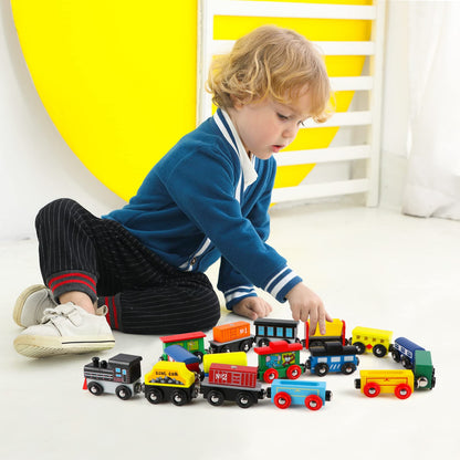 Wondertoys 16 Piece Magnetic Wooden Train Set for Toddlers - Includes Storage Bag and Track Accessories - WoodArtSupply