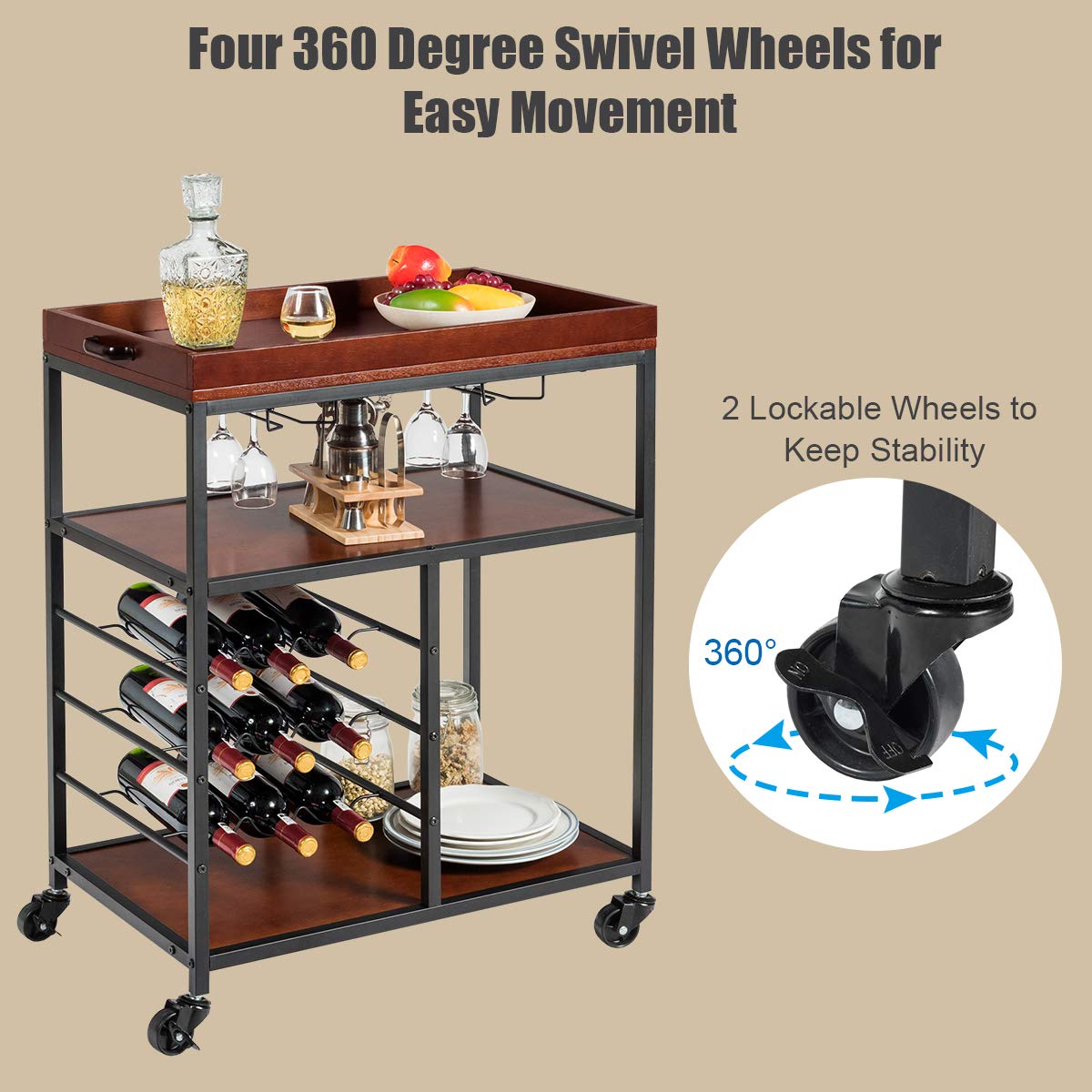 Giantex 3-Tier Kitchen Island Cart Rolling Trolley Industrial Style Serving Cart Utility Cart Wood Kitchen Stand with Glasses Holder and 9 Wine Bottles Rack Metal Frame and Castors (Rustic Brown) Giantex