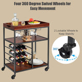 Giantex 3-Tier Kitchen Island Cart Rolling Trolley Industrial Style Serving Cart Utility Cart Wood Kitchen Stand with Glasses Holder and 9 Wine Bottles Rack Metal Frame and Castors (Rustic Brown) Giantex