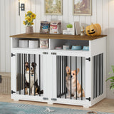 41 inch Dog Crate Furniture, Farmhouse Dog Kennel Indoor with Divider & Shelf Storage, Wooden Indoor Dog Crate for 2 Dogs, Decorative Pet Crate End Table for Large Dogs, White REVOMINCA