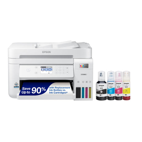 Epson EcoTank ET-3843 Wireless Color All-in-One Cartridge-Free Supertank Printer with Scanner, Copier, ADF and Ethernet-for The Ultimate Home Office, White Epson