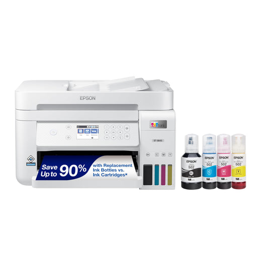 Epson EcoTank ET-3843 Wireless Color All-in-One Cartridge-Free Supertank Printer with Scanner, Copier, ADF and Ethernet-for The Ultimate Home Office, White