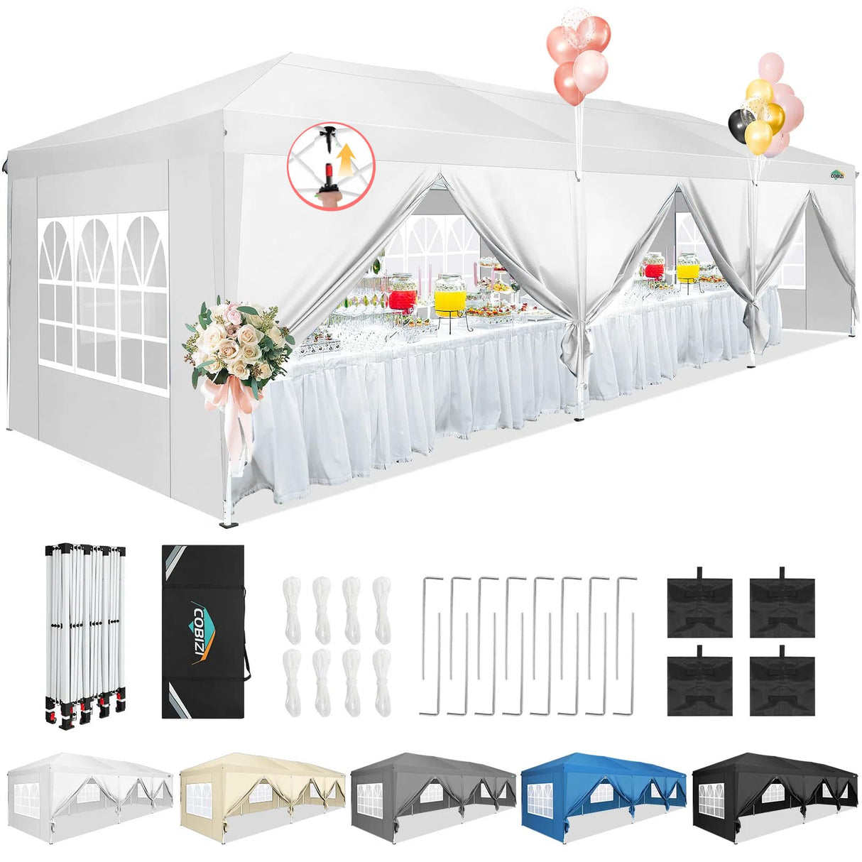COBIZI 10x30 Pop Up Canopy Tent for Parties with 8 Sidewalls Waterproof Commercial Instant Canopy 10x30 Party Tent for Backyard, Wedding Portable Outdoor Gazebo with Carrybag&4 Sandbags(White COBIZI