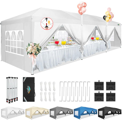 COBIZI 10x30 Canopy Party Tent with 8 Walls 10x30 Pop Up Tent for Parties Waterproof UPF 50+ Outdoor Commercial Event Tent for Party Backyard Gazebo Canopy with Sidewalls & Sandbags(White,10x30ft.