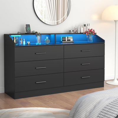 Gyfimoie 6 Drawer Dresser for Bedroom with Charging Station, Dresser with LED Light, Chest of Drawers for Closet, Modern Dresser with Open Storage Cubby, Double Wide Dresser (Black-, 6 Drawers)