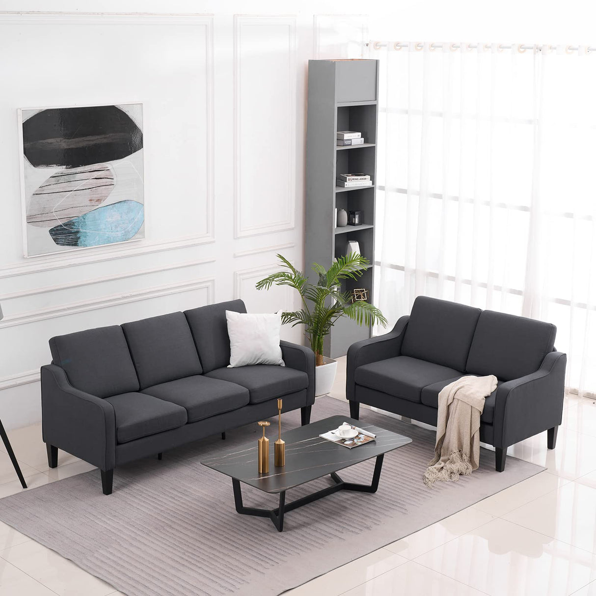 VINGLI Mid-Century Modern Grey Loveseat and Sofa Set,53" Small Love Seat+71" Sofa Couch for Living Room,Bedroom,Apartment(Grey) VINGLI