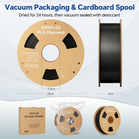 DEEPLEE PLA 1.75mm 3D Printer Filament, Dimensional Accuracy +/- 0.02mm, Neatly Wound, No Clogging, Vacuum Package, Fits for Most FDM 3D Printers, Cardboard Spool 1kg Black Deeplee