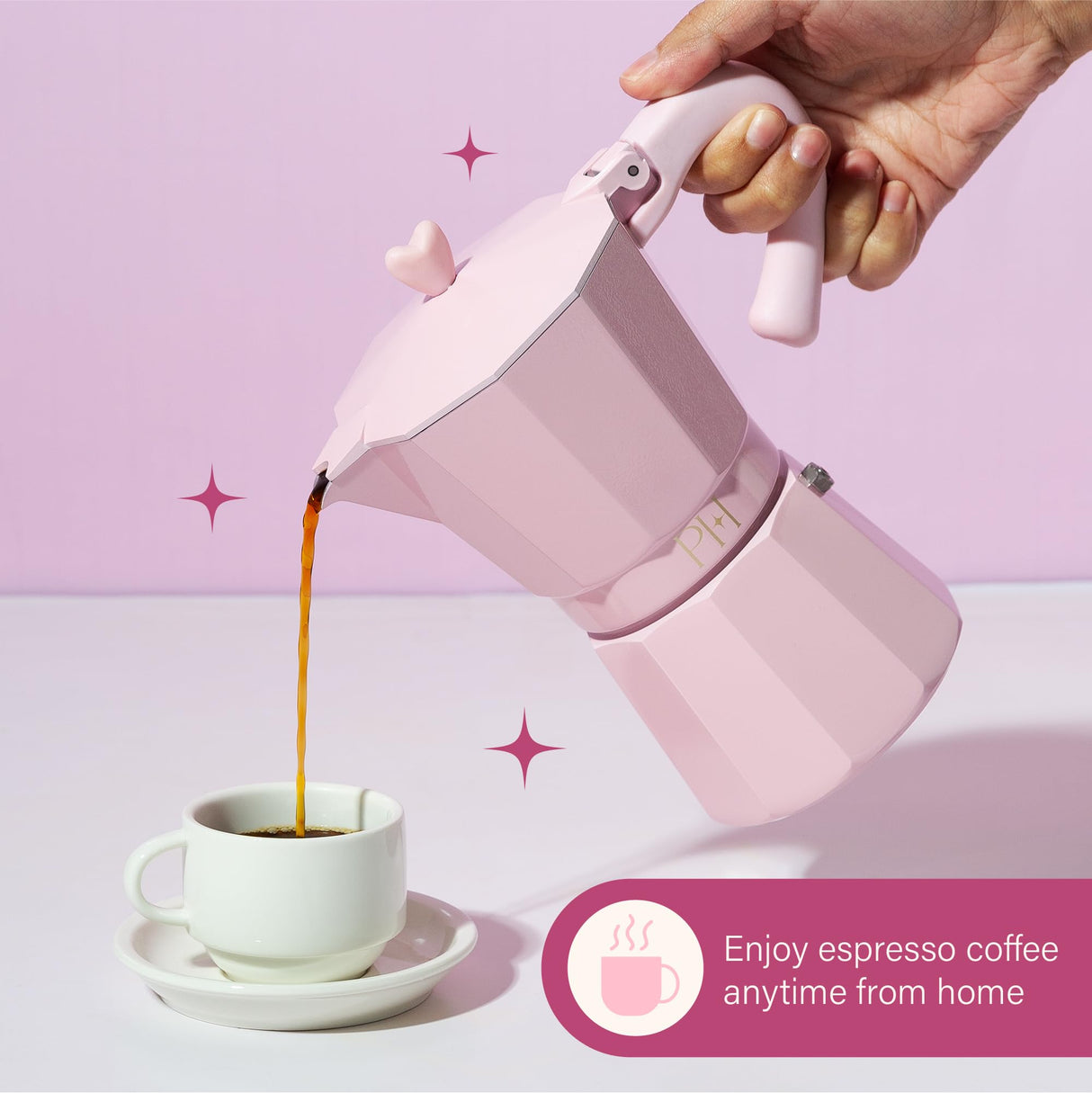 Paris Hilton Stovetop Espresso and Coffee Maker, Italian & Cuban Style Coffee Pot with Iconic Heart Knob, Perfect for Rich Aromatic Espresso, Makes up to 6 Espresso Cups, Pink Paris Hilton