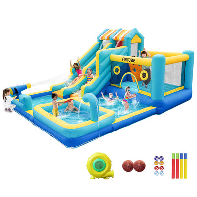 FINCOME Inflatable Bounce House, 10 in 1 Double Water Slide Bounce House with 750W Blower, Climbing Wall, Jumping, Water Gun, Splash Pool, Basketball Hoop for Kids Indoor Outdoor Backyard