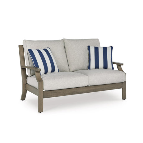 Signature Design by Ashley Rainier Ranch Casual Weather Resistant Outdoor Loveseat with Cushion and 2 Accent Pillows, Light Brown & Light Gray Signature Design by Ashley