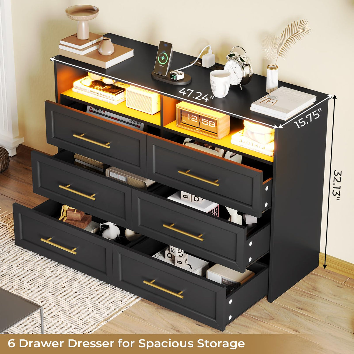 AOGLLATI Dresser for Bedroom with Charging Station, Black Dresser with Dual Led Light, 6 Drawer Modern Bedroom Led Wood Wide Dresser for Bedroom AOGLLATI