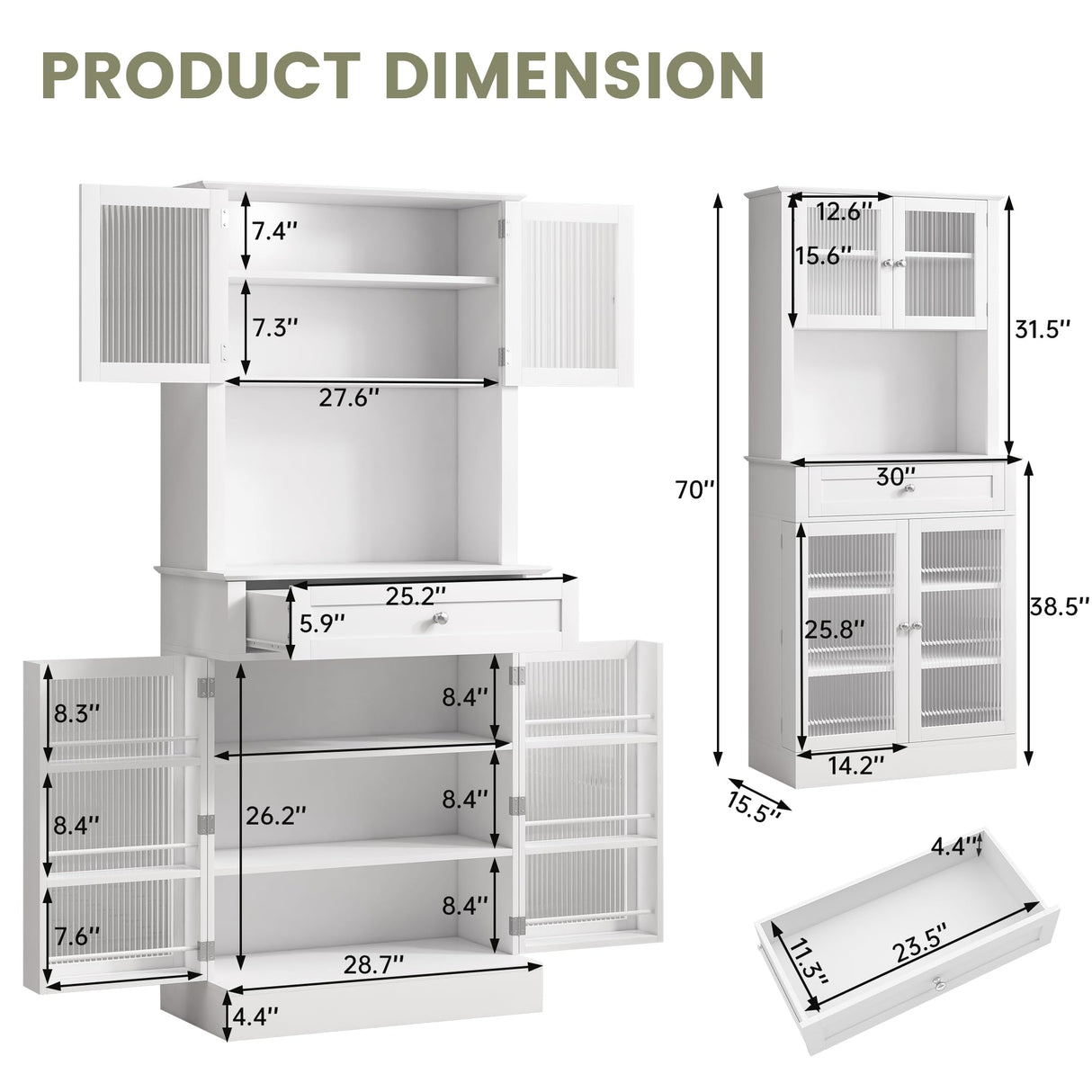 Kitchen Pantry Storage Cabinet with Drawers, 4 Doors and 3 Shelves, 70" Tall Narrow Coffee Bar Station w/Glass Hutch, Microwave Countertop, Food Organizers, Bathroom Cabinet for Small Space, White GlouMod