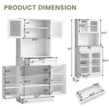 Kitchen Pantry Storage Cabinet with Drawers, 4 Doors and 3 Shelves, 70" Tall Narrow Coffee Bar Station w/Glass Hutch, Microwave Countertop, Food Organizers, Bathroom Cabinet for Small Space, White GlouMod