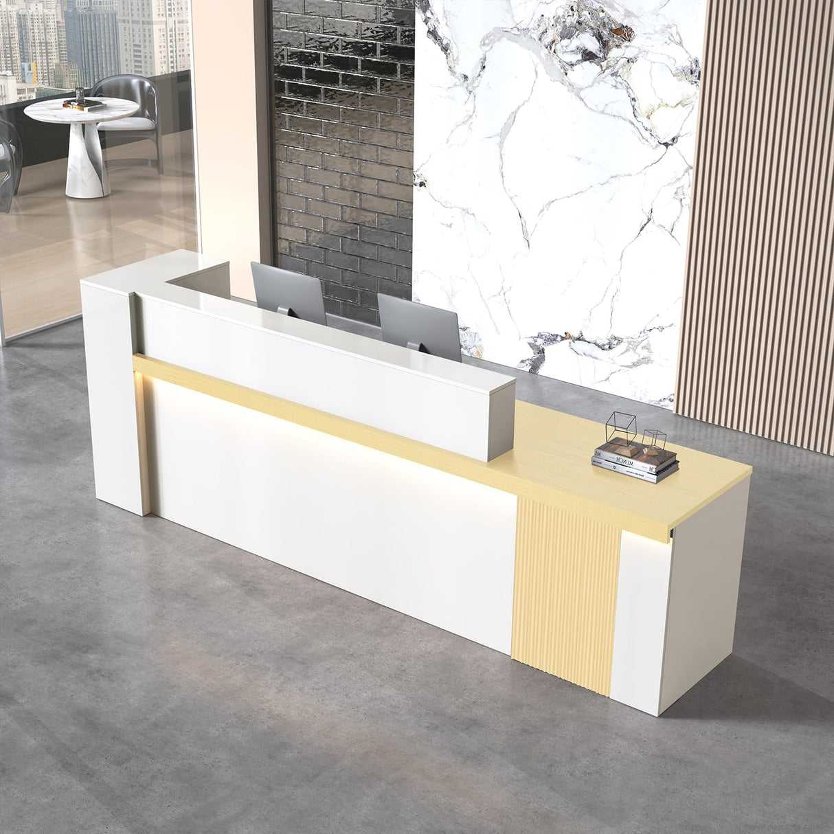 Anzhap L-Shaped Standing Reception Desk with LED Lights, Front Desk Reception Counter with Drawer, Open Storage Cabinets for Office, Salon, Lobby (Maple + White/Right, 71" L * 24" W * 39" H) Anzhap