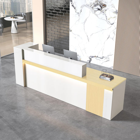 Anzhap L-Shaped Standing Reception Desk with LED Lights, Front Desk Reception Counter with Drawer, Open Storage Cabinets for Office, Salon, Lobby (Maple + White/Right, 71" L * 24" W * 39" H) Anzhap