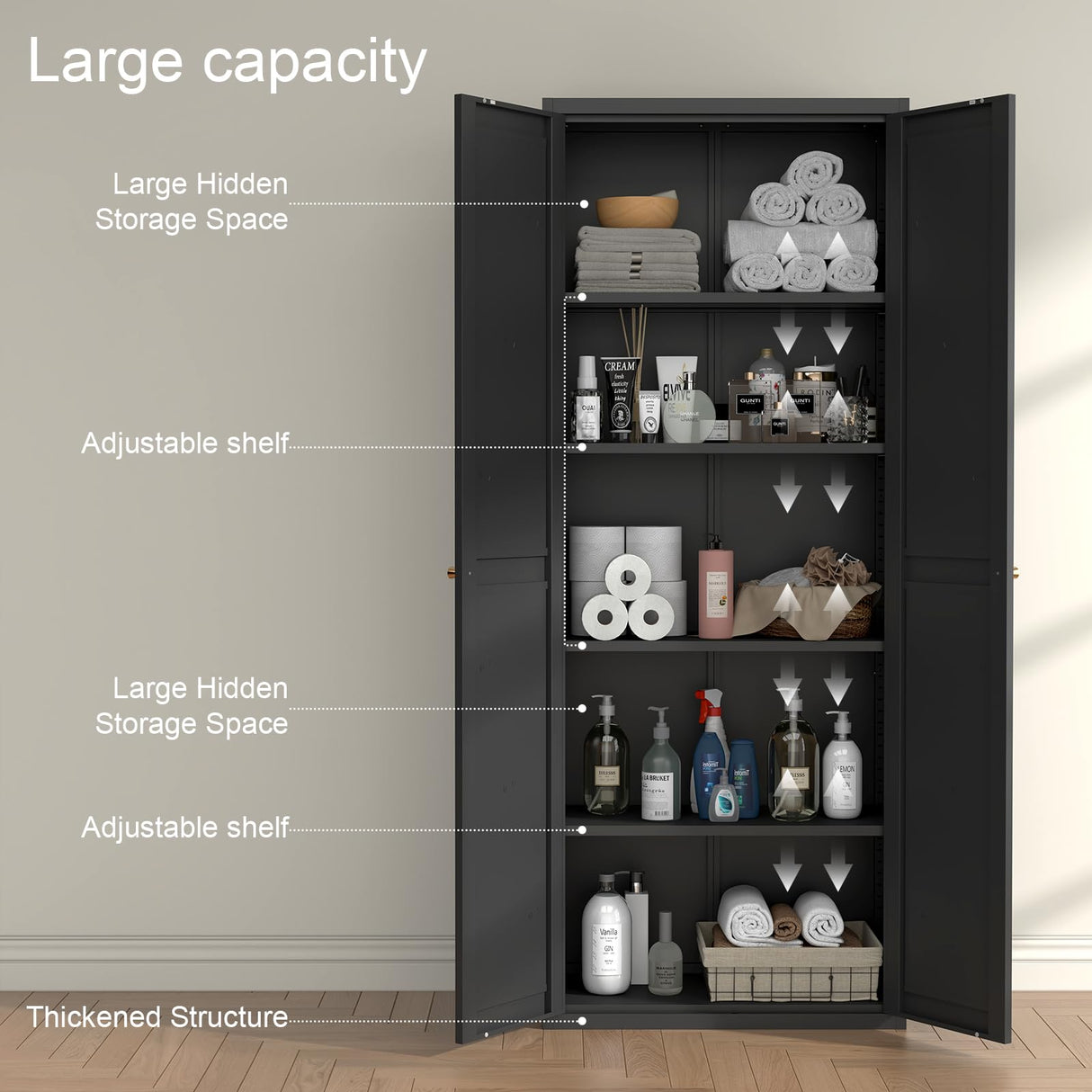 IRONFFICE Metal Storage Cabinet,Morden Pantry Cabinets for Kitchen Storage with Doors and Shelves,Tall Pantry Storage Cabinet for Living Room,Dining,Black IRONFFICE