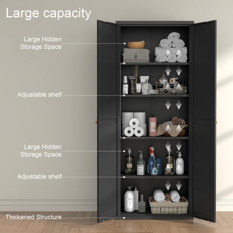 IRONFFICE Metal Storage Cabinet,Morden Pantry Cabinets for Kitchen Storage with Doors and Shelves,Tall Pantry Storage Cabinet for Living Room,Dining,Black IRONFFICE