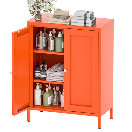 YAUWOH Orange Metal Bathroom Storage Cabinet, Small Metal Locker Storage Cabinet with 2 Adjustable Shelves and 2 Doors,Freestanding Sideboard for Small Spaces, Living Room, Dining Room YAUWOH