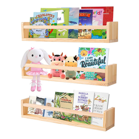 AZSKY Nursery Book Shelves 24 Inch Rustic Natural Wood Floating Shelves,Wall Book Shelves for Farmhouse,Bathroom Décor,Kitchen Spice Rack or Book Shelf Organizer for Home Décor,a Set of 3 Same Sizes AZSKY