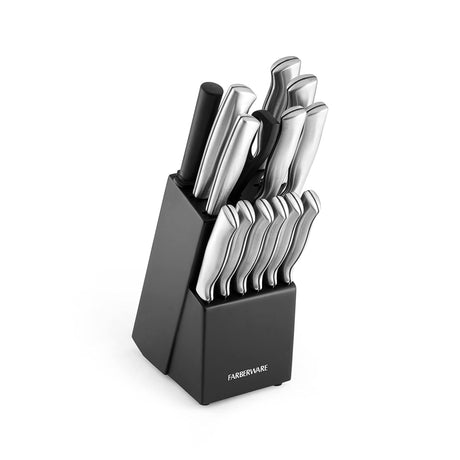 Farberware 15-Piece High-Carbon Stamped Stainless Steel Kitchen Knife Set with Wood Block, Steak Knives, Razor-Sharp, Black, Ultra-Sharp Blades, Ergonomic Comfort Grip Farberware
