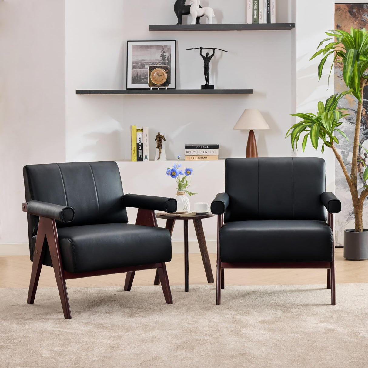 STHOUYN Black Leather Accent Chairs Set of 2, Mid Century Modern Accent Chair, Side Arm Chairs for Living Room, Office Guest Waiting Room Chairs (2, Black) STHOUYN
