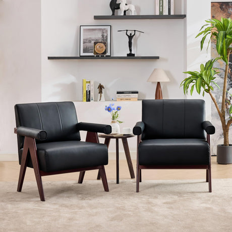 STHOUYN Black Leather Accent Chairs Set of 2, Mid Century Modern Accent Chair, Side Arm Chairs for Living Room, Office Guest Waiting Room Chairs (2, Black) STHOUYN
